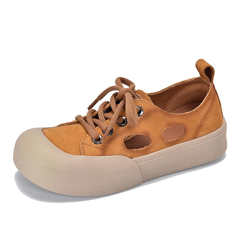 Leder-Sneaker f&uuml;r Damen, niedrig geschnitten, mit Schn&uuml;rung und Cut-Outs in Gelb/Rot/Beige