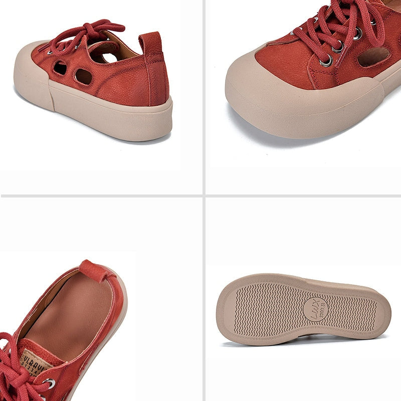 Leder-Sneaker f&uuml;r Damen, niedrig geschnitten, mit Schn&uuml;rung und Cut-Outs in Gelb/Rot/Beige