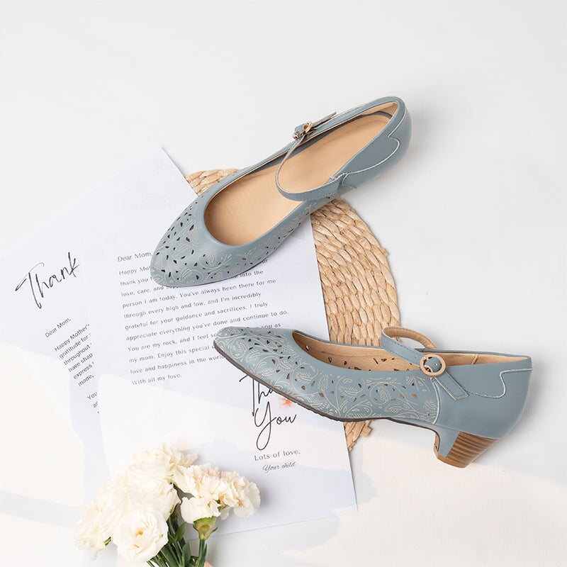 Zapatos Mary Jane de piel suave recortados a mano para mujer, tac&oacute;n c&oacute;nico en azul y blanco