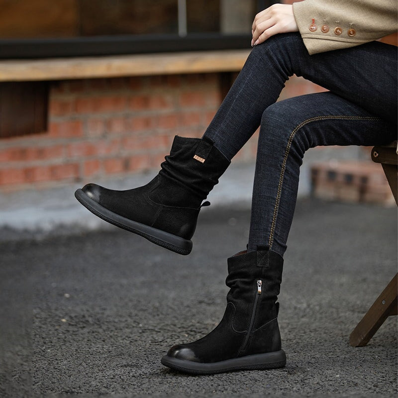Bottes western mi-mollet en cuir marron/noir pour femme - Bout rond - Talon de 30 mm