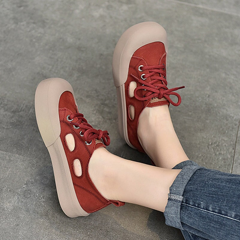 Leder-Sneaker f&uuml;r Damen, niedrig geschnitten, mit Schn&uuml;rung und Cut-Outs in Gelb/Rot/Beige