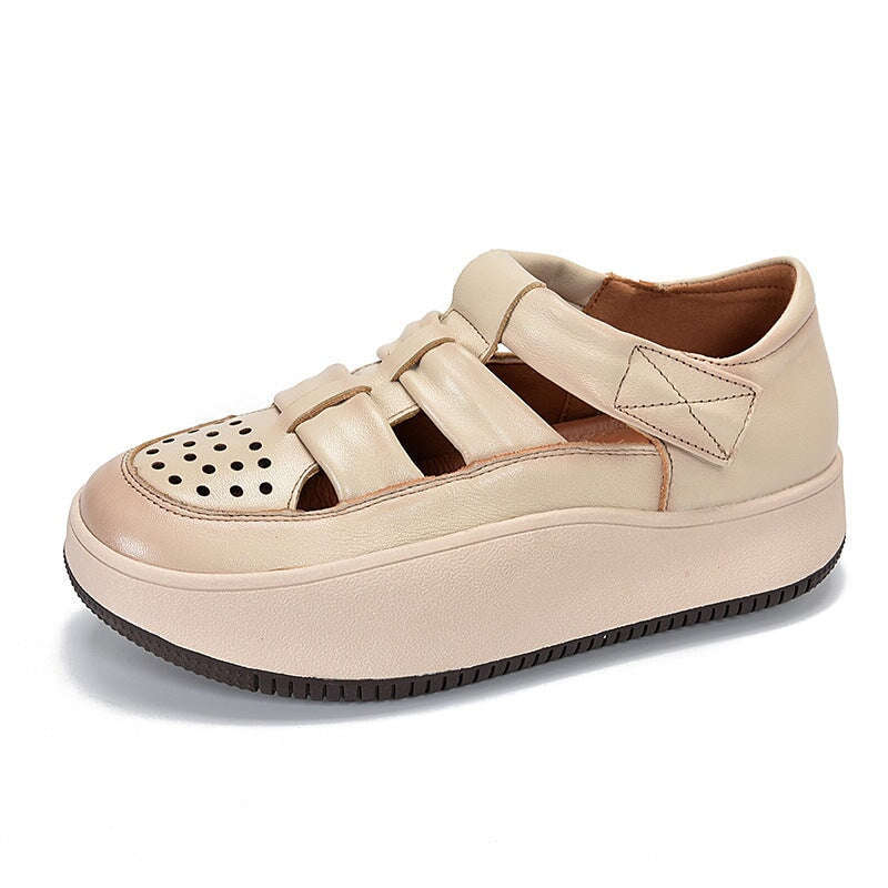 Leder-Plateau-Sneaker mit Klettverschluss und Perforation f&uuml;r Damen in Beige/Lila/Rot