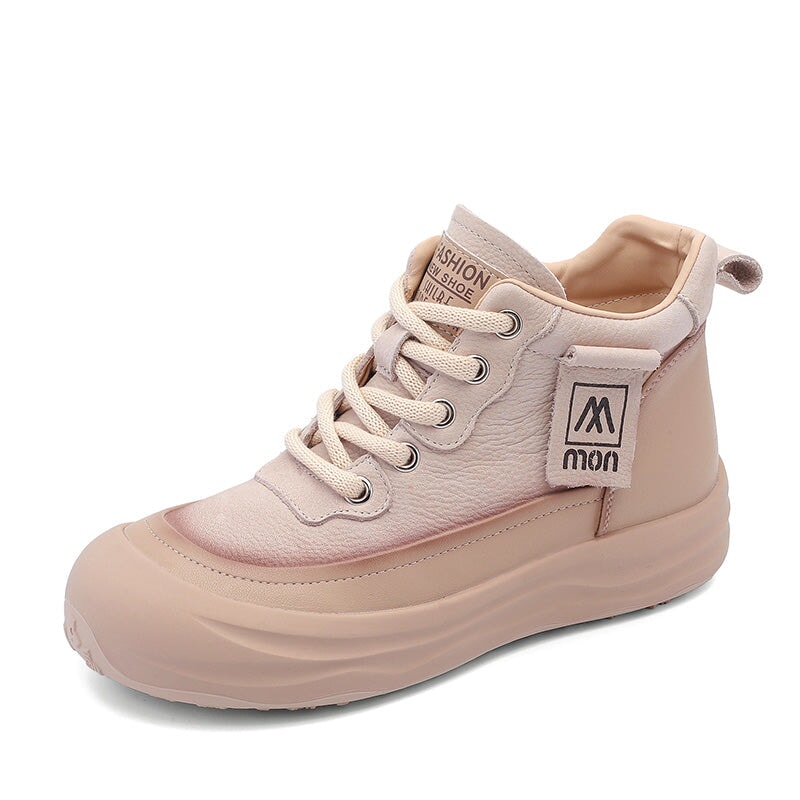 Trendige Damen-Sneaker aus Leder mit hohem Schaft, Plateau, Schn&uuml;rung, Freizeitschuhe in Beige/Khaki/Gr&uuml;n/Rot