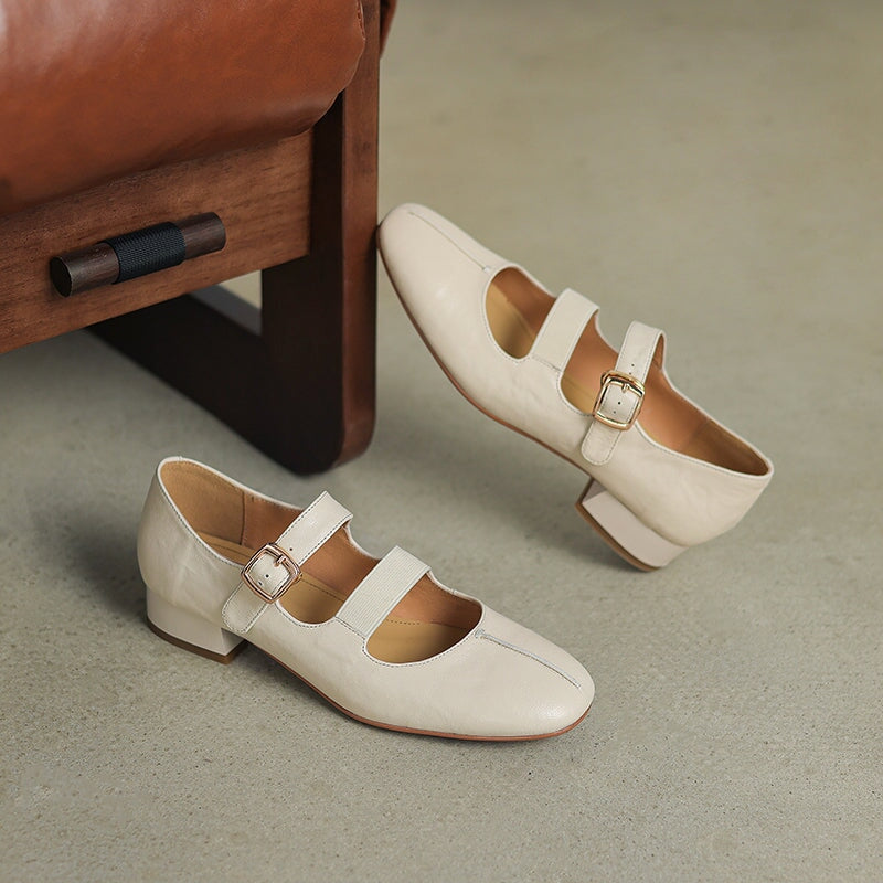 Elegante Mary-Jane-Schuhe mit niedrigem Blockabsatz und doppeltem Riemen aus echtem Leder in Schwarz/Beige