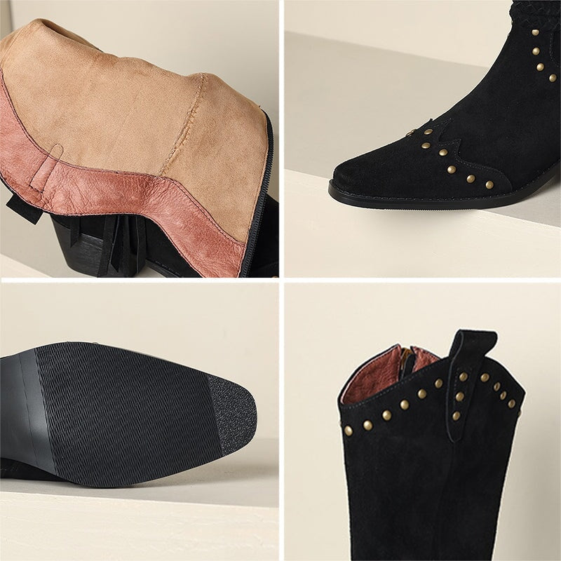 Vintage leren westernlaarzen voor dames met klinknagels en kwastjes in zwart/abrikoos/bruin.