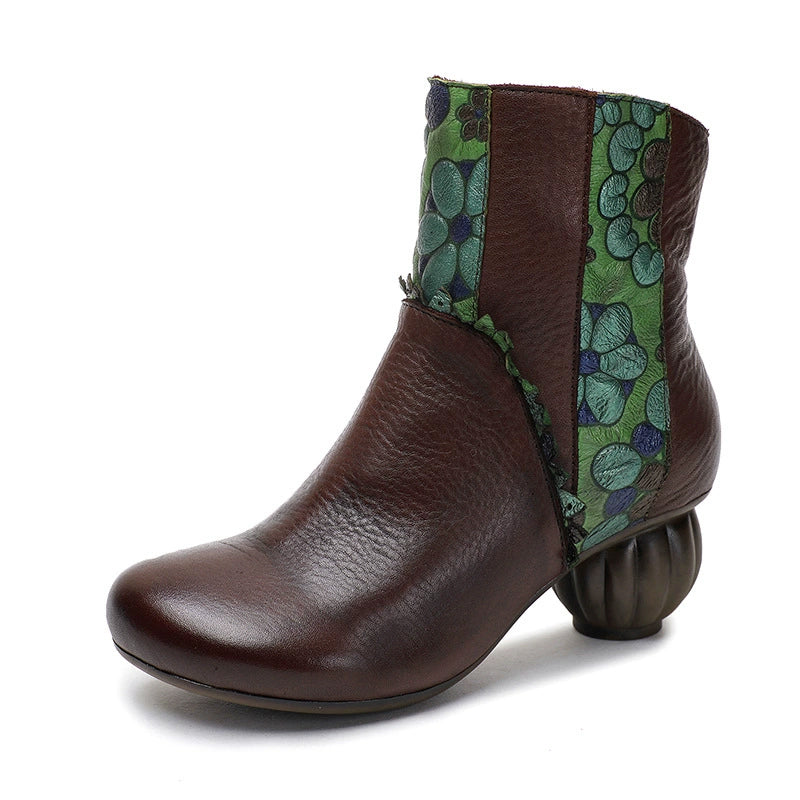 Vintage Cow Leather Ankle Boots for Women Floral Side Zip 50mm Heel Boots in Black/Coffee