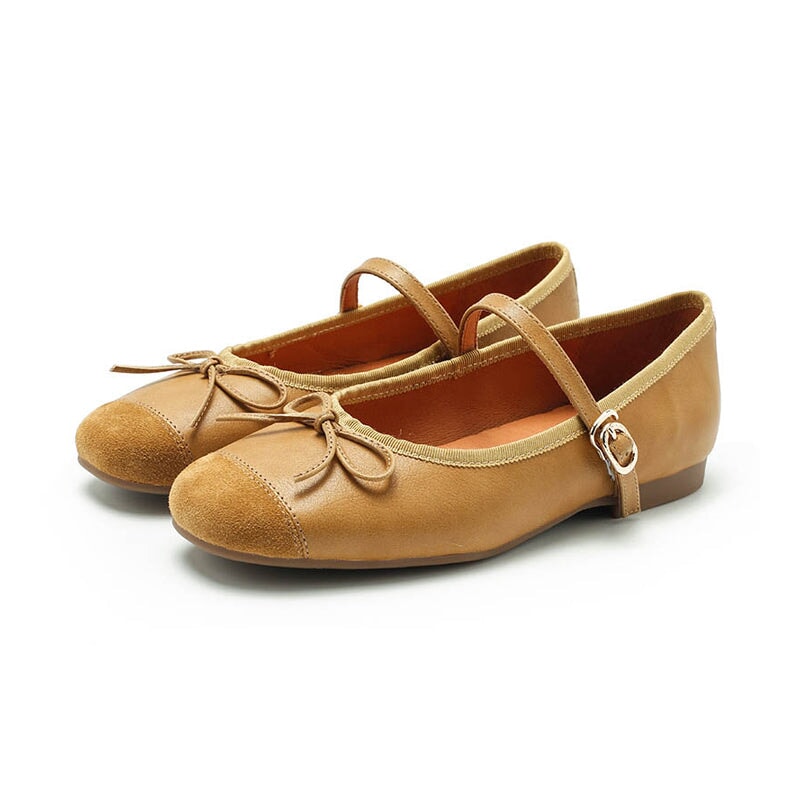 Zapatos planos Michaela Mary Jane de piel de oveja hechos a mano para mujer en color caqui, verde, albaricoque y negro.