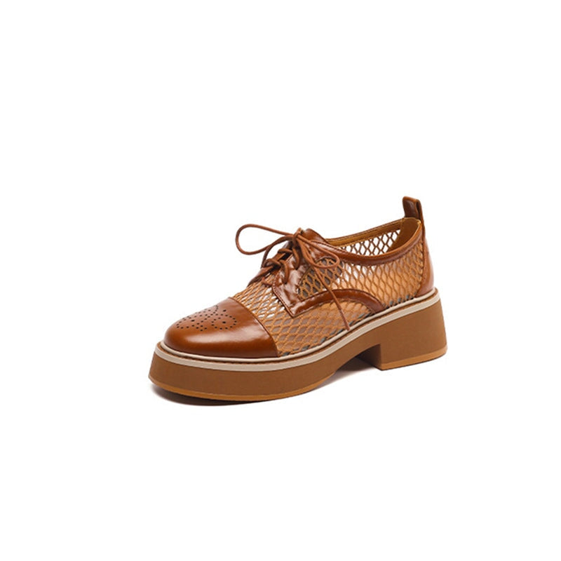 Damen-Plateau-Oxford-Schuhe aus Leder f&uuml;r den Sommer mit Mesh-Eins&auml;tzen in Braun/Wei&szlig;