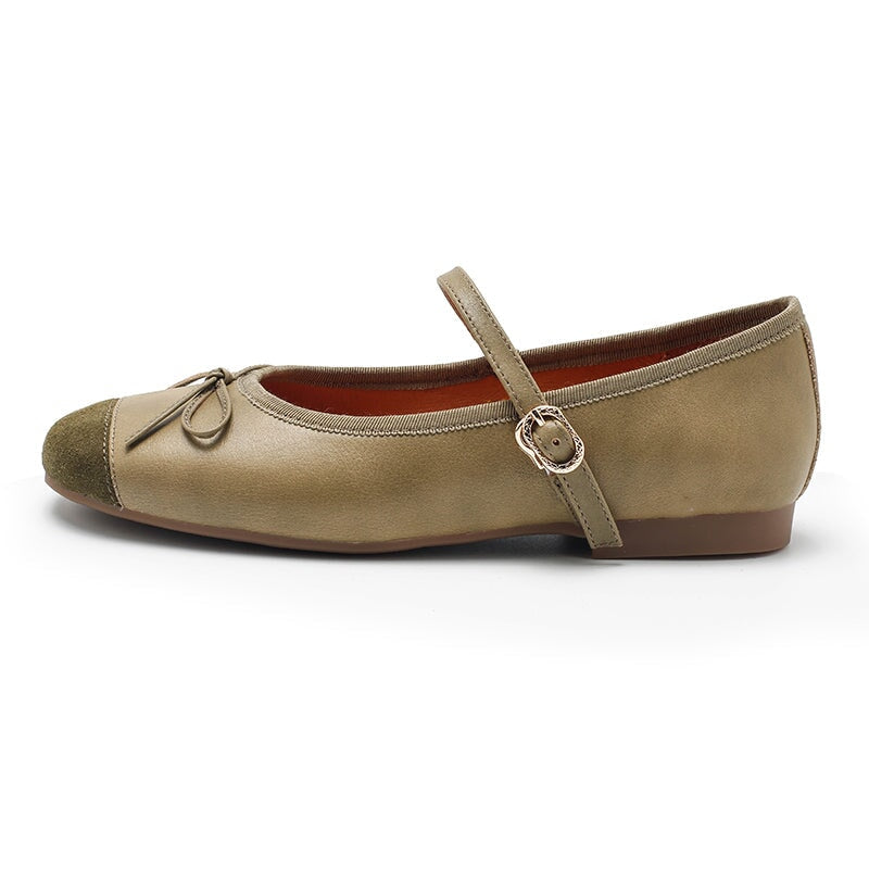 Zapatos planos Michaela Mary Jane de piel de oveja hechos a mano para mujer en color caqui, verde, albaricoque y negro.