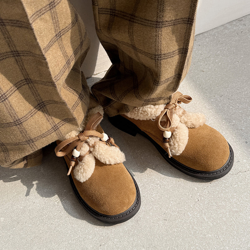 Preppy stijl Oxford schoenen met vetersluiting van su&egrave;de leer, geschikt voor de winter, casual shaggy schoenen in grijs/bruin/geel.