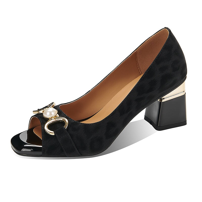 Chique pumps met blokhak van 65 mm, paardenbitdesign, open neus en pareldetails, van leer in zwart/grijs.