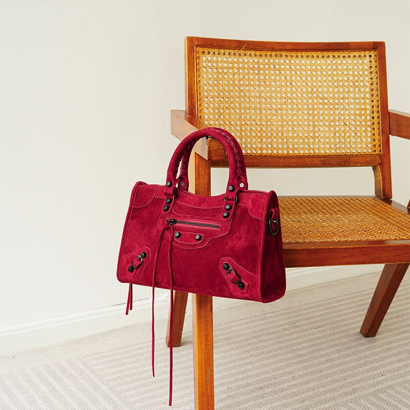 Bolso de mano para motocicleta de ante genuino, de gran capacidad, para hombro y bandolera, en rojo