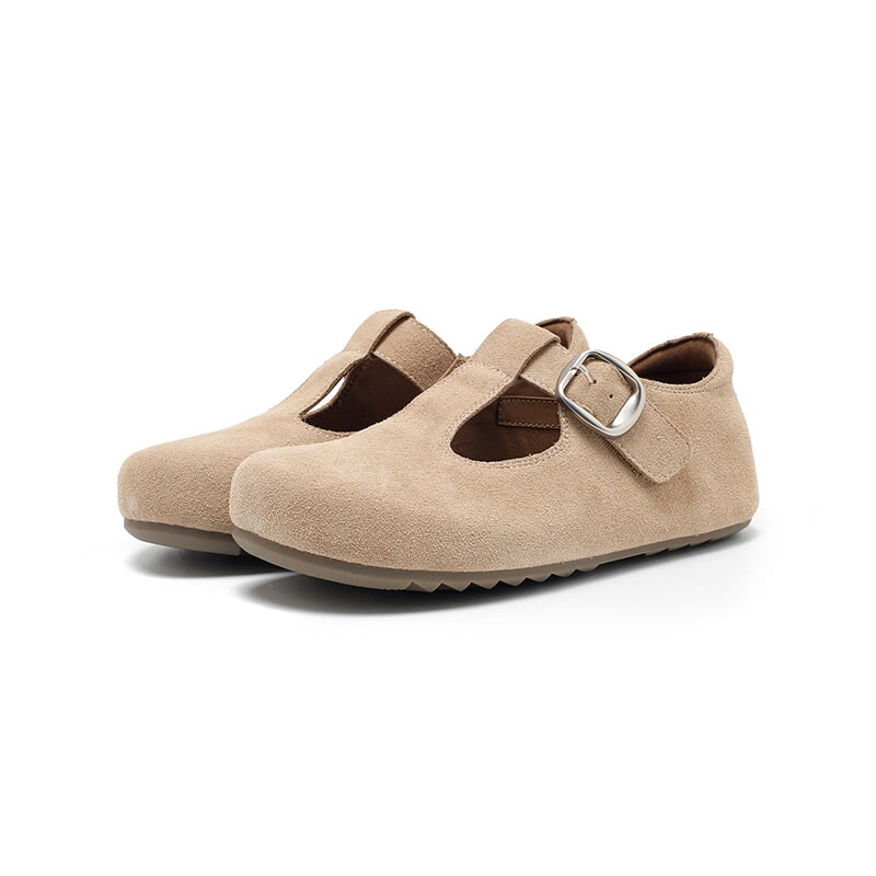 Handgefertigte Mary-Jane-Ballerinas aus Rindsveloursleder mit T-Riemen in Rosa/Gelb/Aprikose