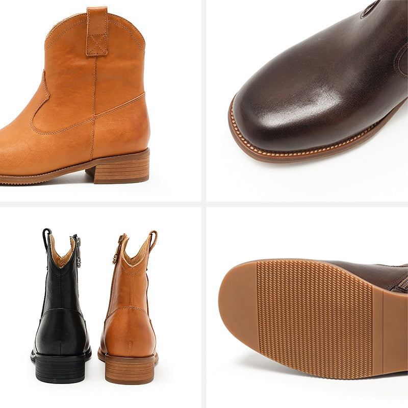 Bottes Martin en cuir, style western r&eacute;tro &agrave; semelle &eacute;paisse, coloris caf&eacute;/noir/jaune