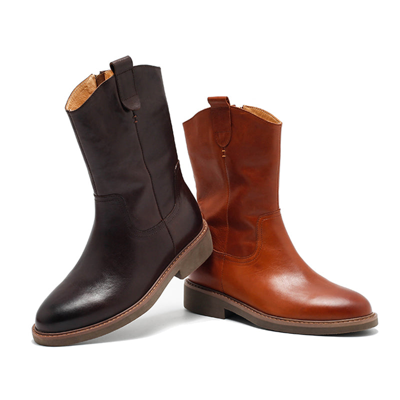 Retro westernlaarzen voor dames, tot halverwege de kuit, van gewaxt leer, casual laarzen in zwart/bruin/donkerbruin.