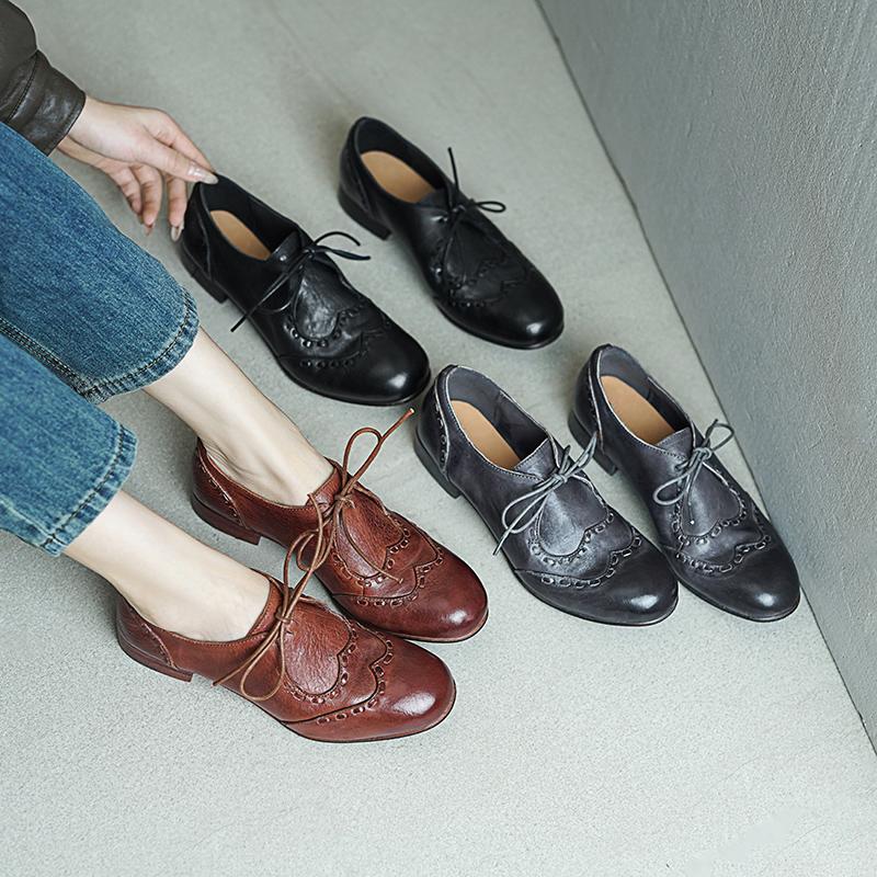 Britse stijl veterschoenen in brogue-stijl | Ronde neus, gewassen paardenleer, zwart/bruin/grijs