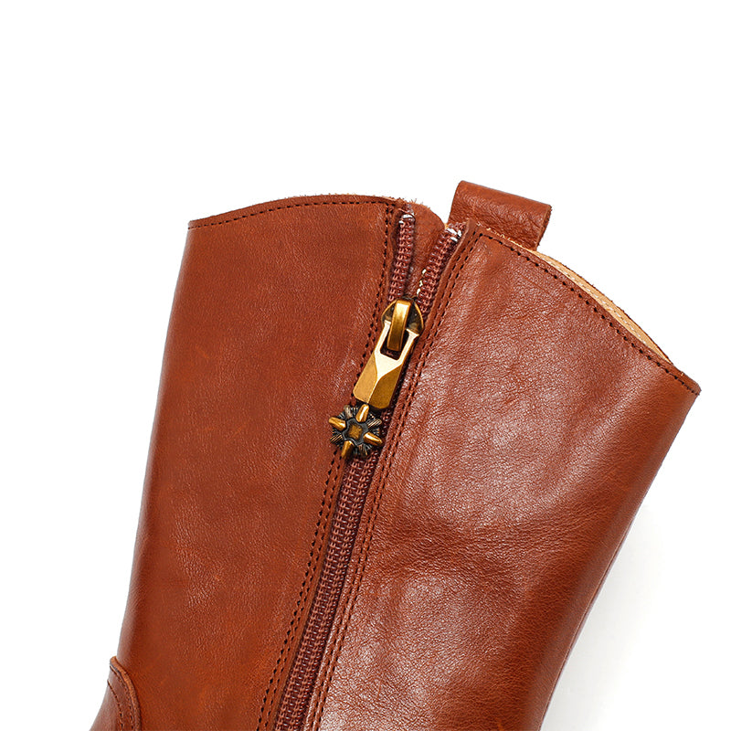 Retro westernlaarzen voor dames, tot halverwege de kuit, van gewaxt leer, casual laarzen in zwart/bruin/donkerbruin.
