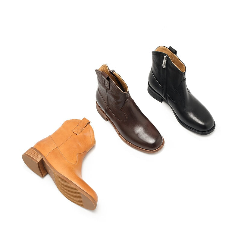 Bottes Martin en cuir, style western r&eacute;tro &agrave; semelle &eacute;paisse, coloris caf&eacute;/noir/jaune