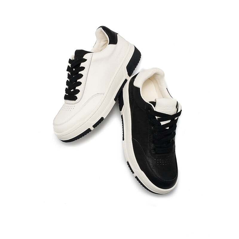 Colorblock lage leren sneakers met vetersluiting en ronde neus, casual sportieve schoenen in zwart/wit