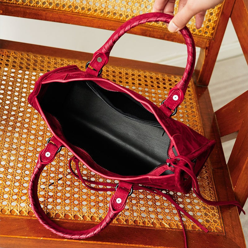Bolso de mano para motocicleta de ante genuino, de gran capacidad, para hombro y bandolera, en rojo