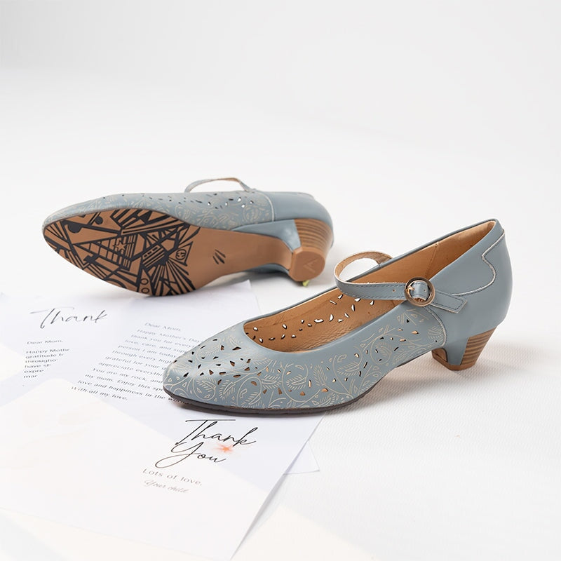 Zapatos Mary Jane de piel suave recortados a mano para mujer, tac&oacute;n c&oacute;nico en azul y blanco