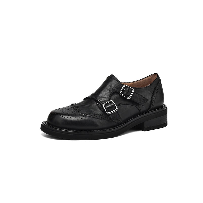 Handgefertigte Brogue-Loafer aus Leder mit doppeltem Riemen f&uuml;r Damen in Braun/Schwarz