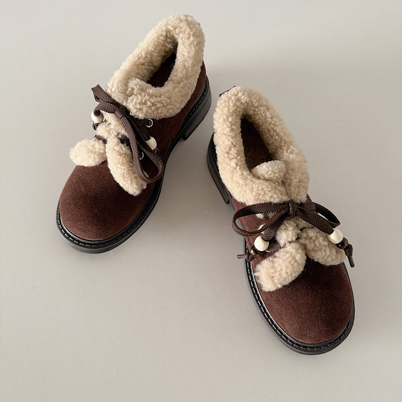 Preppy stijl Oxford schoenen met vetersluiting van su&egrave;de leer, geschikt voor de winter, casual shaggy schoenen in grijs/bruin/geel.