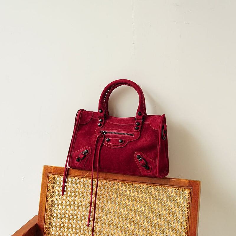 Bolso de mano para motocicleta de ante genuino, de gran capacidad, para hombro y bandolera, en rojo