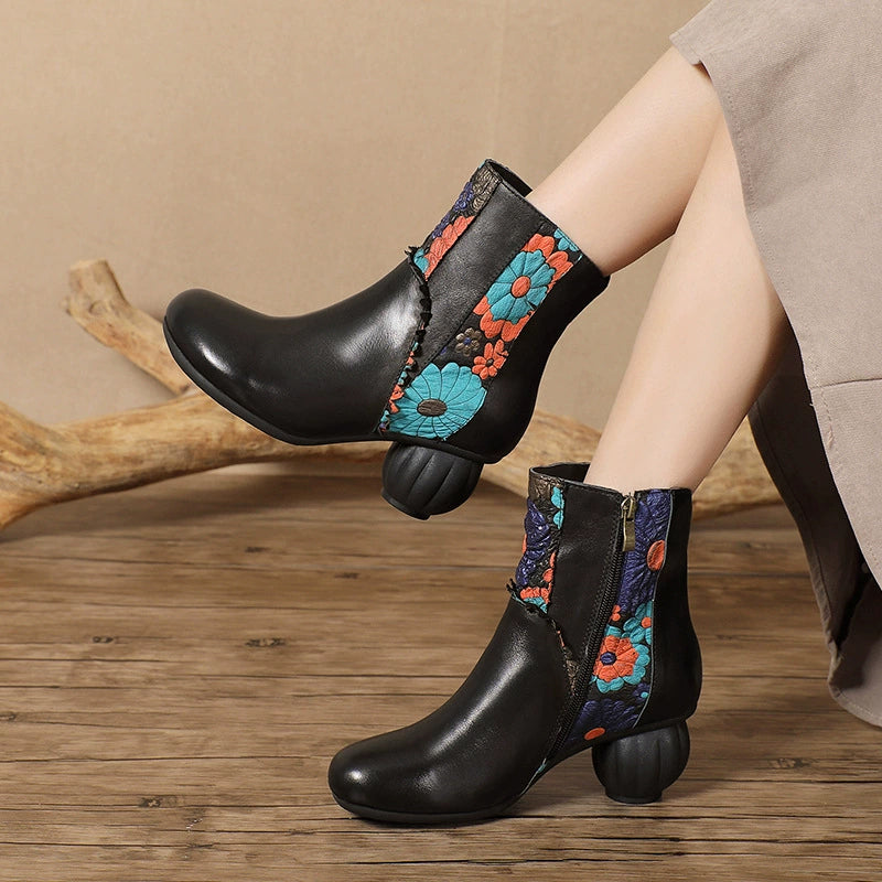 Vintage Cow Leather Ankle Boots for Women Floral Side Zip 50mm Heel Boots in Black/Coffee