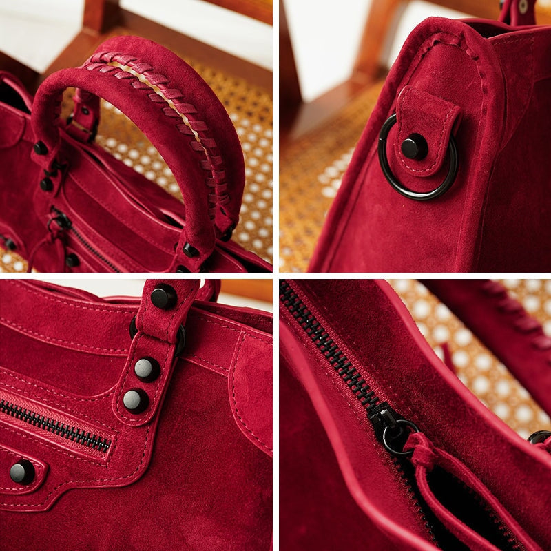 Bolso de mano para motocicleta de ante genuino, de gran capacidad, para hombro y bandolera, en rojo
