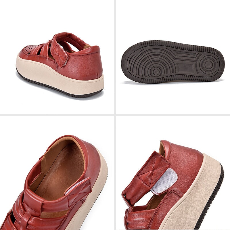 Leder-Plateau-Sneaker mit Klettverschluss und Perforation f&uuml;r Damen in Beige/Lila/Rot