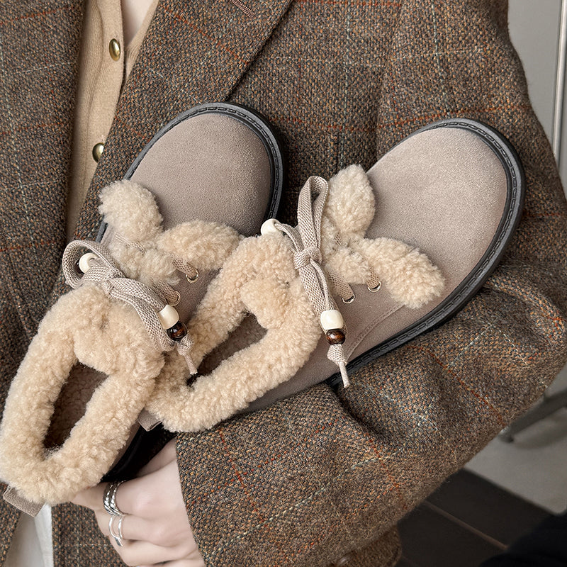Preppy stijl Oxford schoenen met vetersluiting van su&egrave;de leer, geschikt voor de winter, casual shaggy schoenen in grijs/bruin/geel.