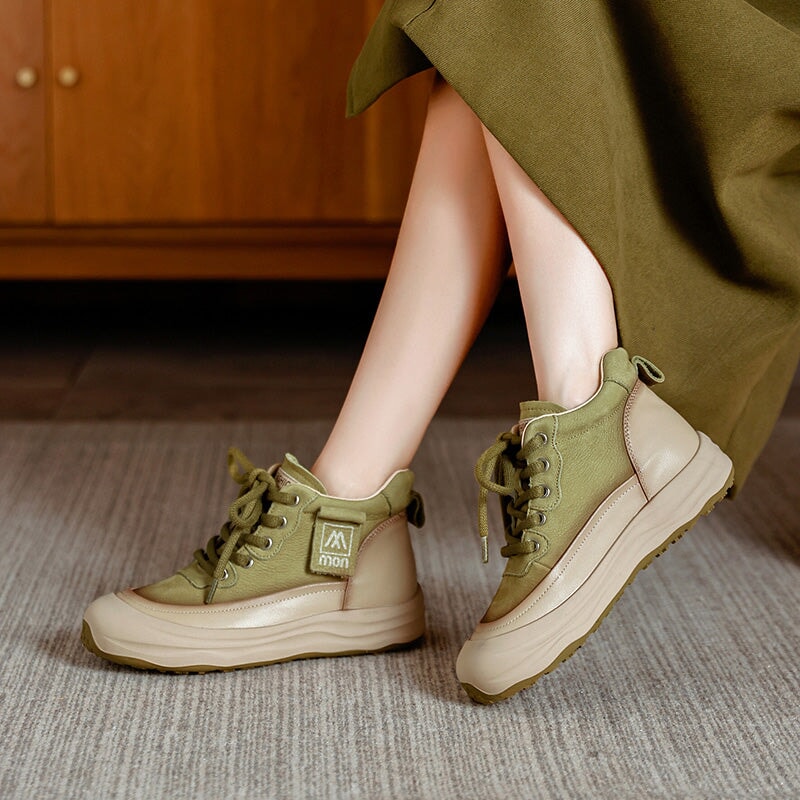 Trendige Damen-Sneaker aus Leder mit hohem Schaft, Plateau, Schn&uuml;rung, Freizeitschuhe in Beige/Khaki/Gr&uuml;n/Rot