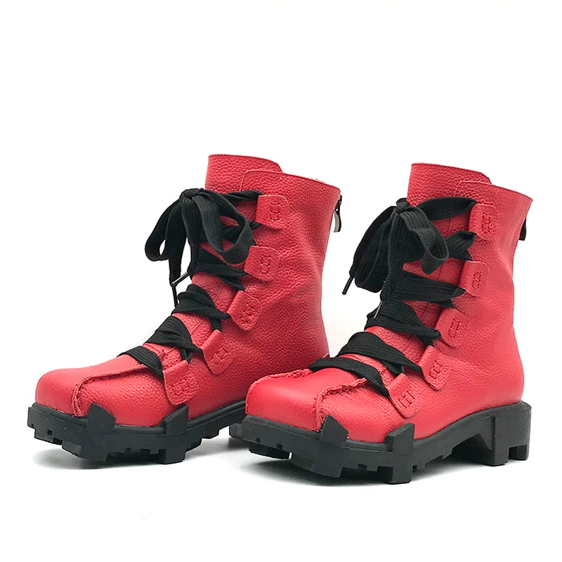 Handgemaakte leren winterlaarzen voor dames met ritssluiting aan de achterkant in zwart/geel/rood, op maat gemaakt in diverse kleuren.