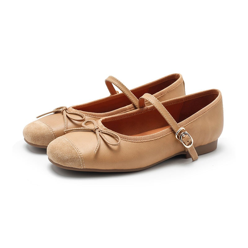 Zapatos planos Michaela Mary Jane de piel de oveja hechos a mano para mujer en color caqui, verde, albaricoque y negro.