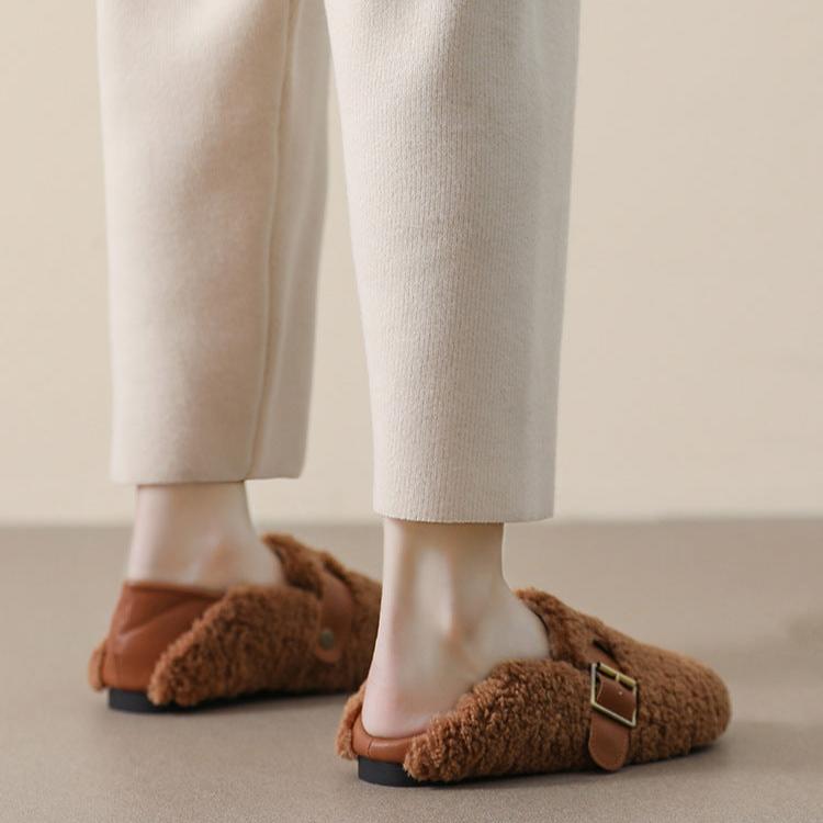 Damen-Loafer aus Kunstpelz, warmes Winterfleece, flache Metallschnallen, Freizeitschuhe