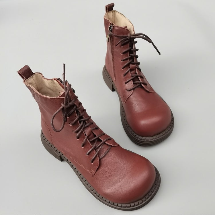 Bottines Martin &agrave; bout large en cuir v&eacute;ritable pour femmes &ndash; Fermeture &agrave; lacets et &agrave; fermeture &eacute;clair