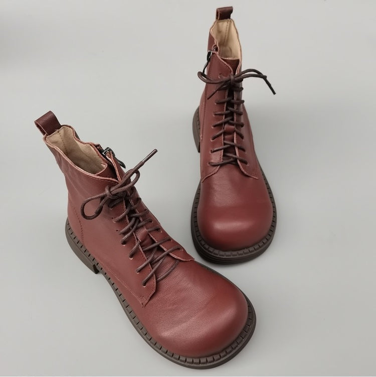 Bottines Martin &agrave; bout large en cuir v&eacute;ritable pour femmes &ndash; Fermeture &agrave; lacets et &agrave; fermeture &eacute;clair