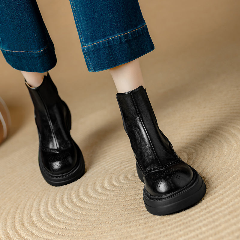 Bottines Chelsea &agrave; plateforme en cuir pour femme, style brogue, hauteur cheville