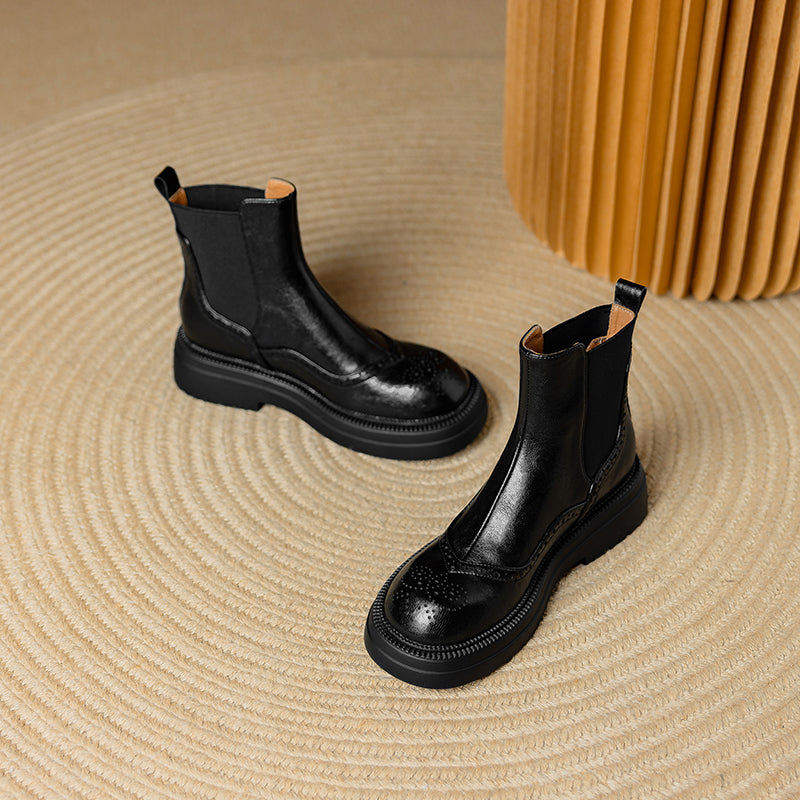 Bottines Chelsea &agrave; plateforme en cuir pour femme, style brogue, hauteur cheville