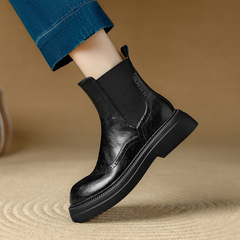 Bottines Chelsea &agrave; plateforme en cuir pour femme, style brogue, hauteur cheville