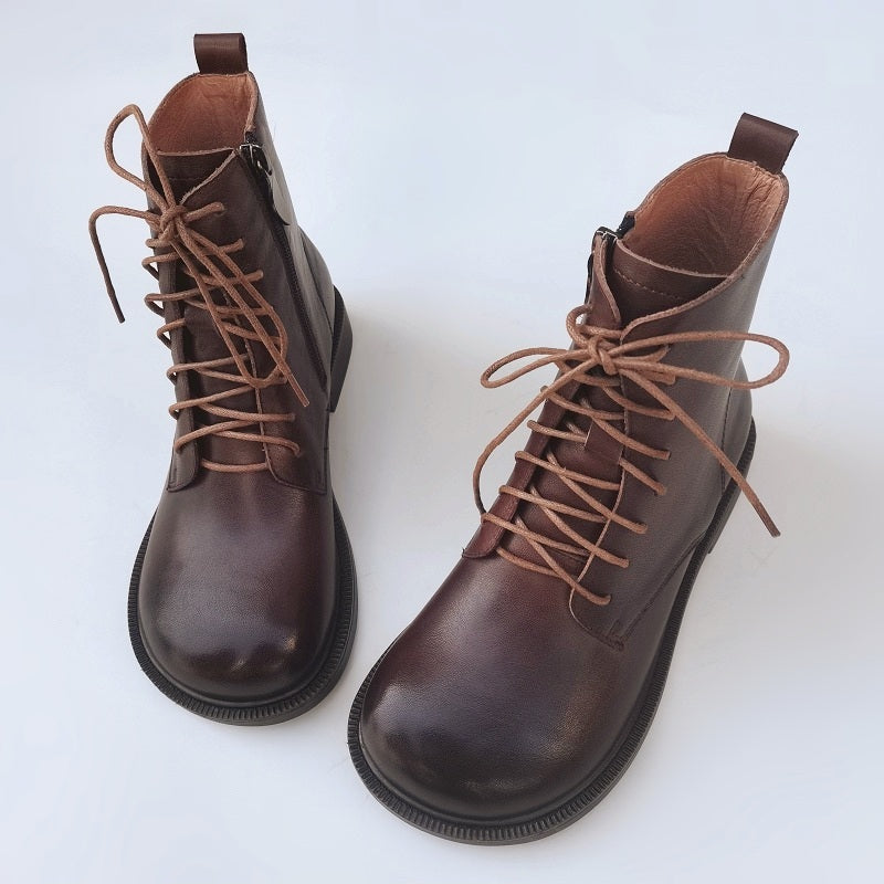Bottines vintage pour femme, bout large, en cuir v&eacute;ritable &ndash; faites main, semelle souple, style britannique