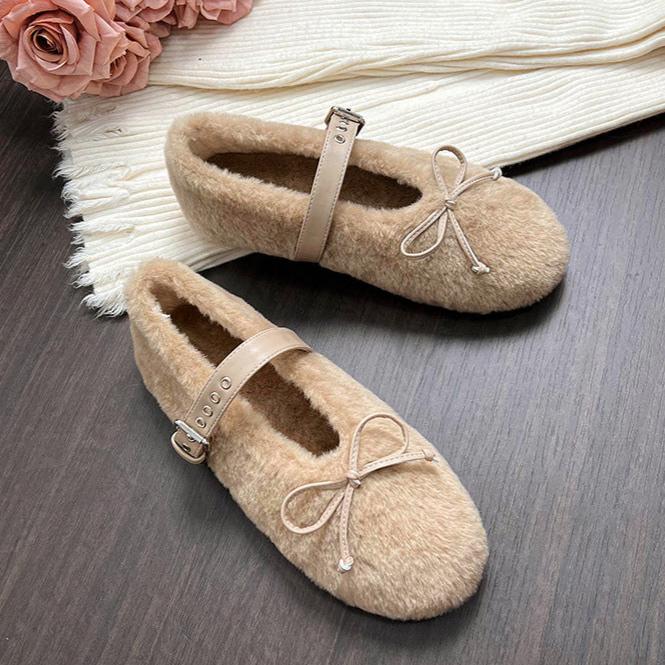 Mary-Jane-Slipper mit Kunstpelz, Schleife und integrierter Absatzverst&auml;rkung &ndash; Damenschuhe f&uuml;r den Winter
