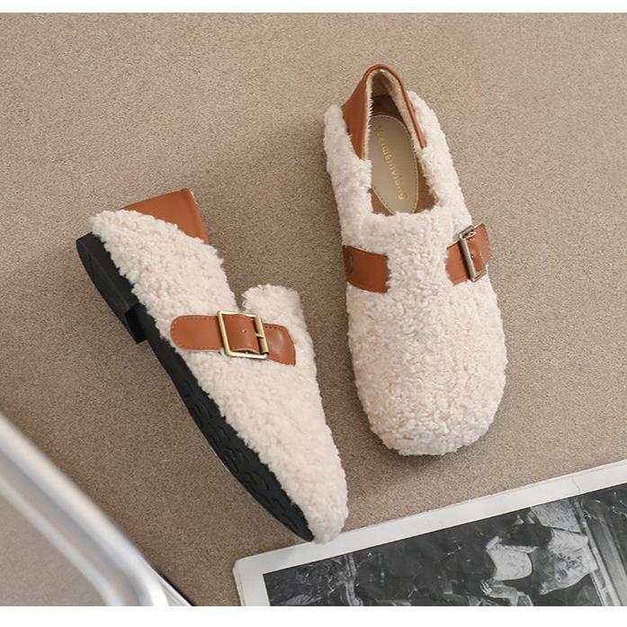 Damen-Loafer aus Kunstpelz, warmes Winterfleece, flache Metallschnallen, Freizeitschuhe