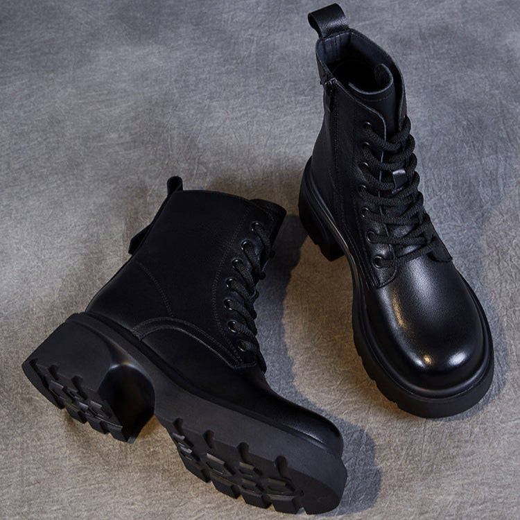 Bottes &agrave; plateforme d&eacute;contract&eacute;es pour femmes en cuir v&eacute;ritable &ndash; Talon &eacute;pais et fermeture &eacute;clair lat&eacute;rale