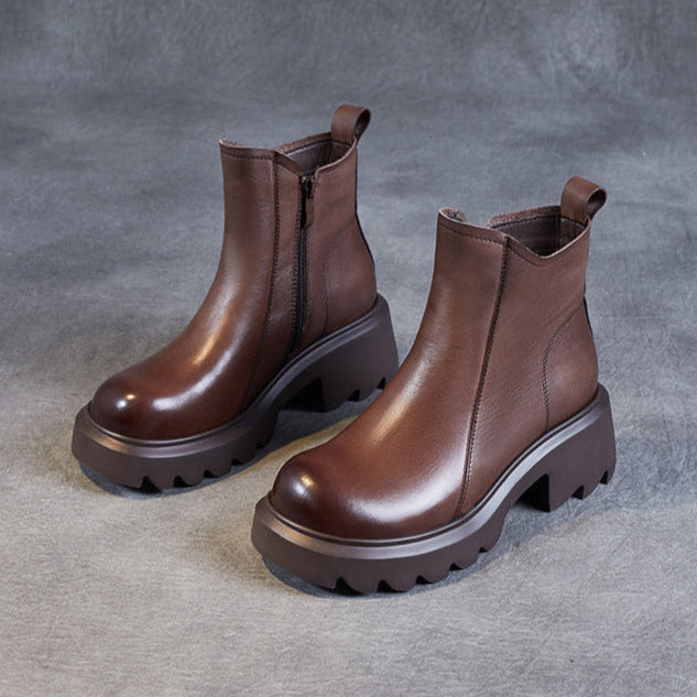 Bottines en cuir pour femme &ndash; Talon compens&eacute; mi-haut &eacute;pais avec fermeture &eacute;clair lat&eacute;rale