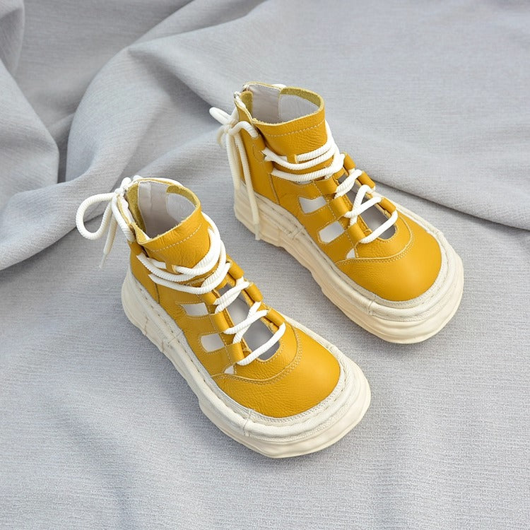 Bottines &agrave; plateforme en cuir pour femme, style &laquo; moche-mignon &raquo; &ndash; D&eacute;coupes et fermeture &eacute;clair &agrave; l'arri&egrave;re