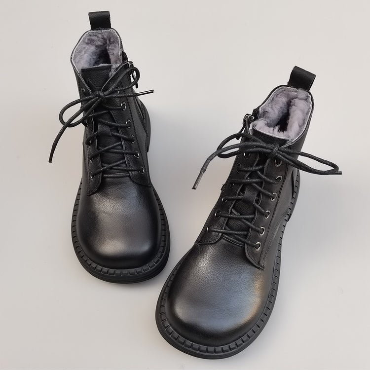 Bottes vintage pour femmes, bout large, en cuir et peau lain&eacute;e &ndash; Style hivernal confortable &agrave; la cheville