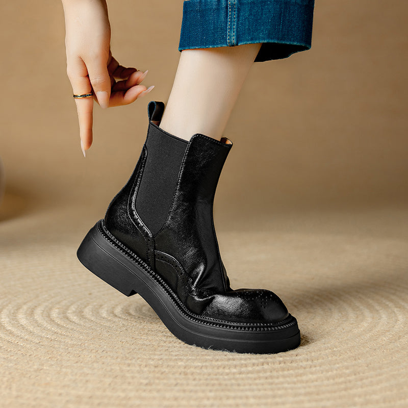 Bottines Chelsea &agrave; plateforme en cuir pour femme, style brogue, hauteur cheville