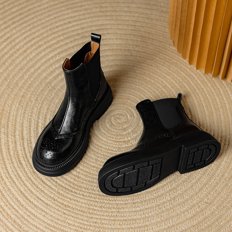 Bottines Chelsea &agrave; plateforme en cuir pour femme, style brogue, hauteur cheville